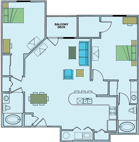 Floor plan for 2 beds, 2 baths, 1196 sqft